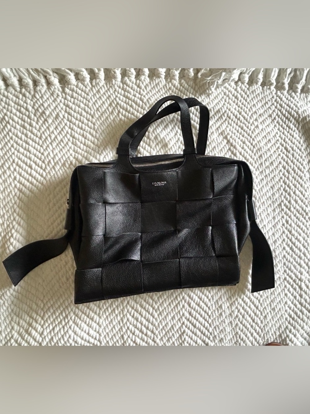 Black Woven Leather Briefcase with Top Handles and Shoulder Strap